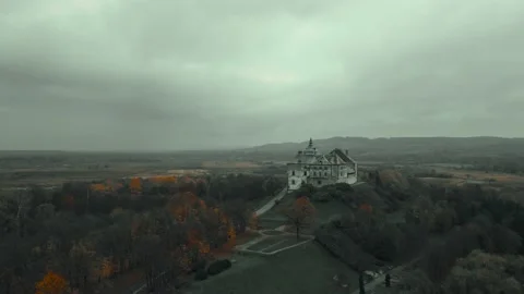 Aerial view drone flight around of Old fairytale castle on the hill in Ukraine Stock Footage 178495096