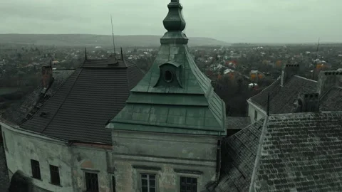 Aerial view drone flight around of Old fairytale castle on the hill in Ukraine Stock Footage 197340450