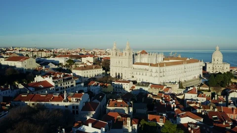 Aerial view; drone flight forward over the city Lisbon, Portugal Stock Footage 104410124