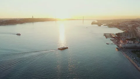 Aerial view; drone flight forward over the city Lisbon, Portugal Stock Footage 104467574