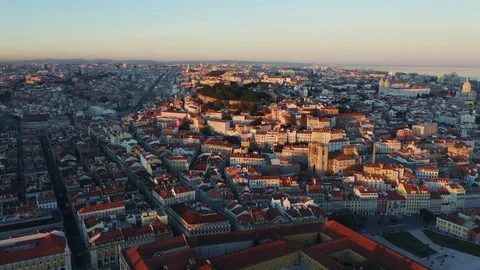 Aerial view; drone flight forward over the city Lisbon, Portugal Stock Footage