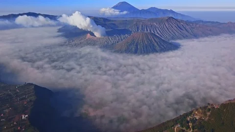 Aerial view drone flight forward and tilt Bromo volcano, East Java, Indonesia Stock Footage 129742090