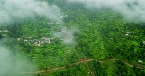 Aerial view drone fly in clouds in village of uttrakhand india Stock Footage 219610788