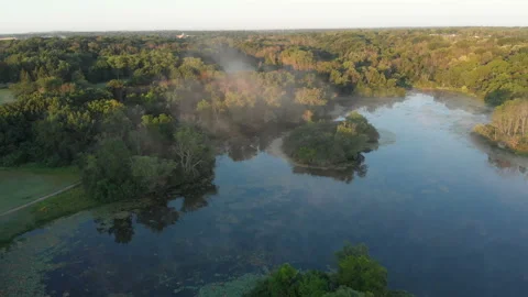 Aerial view, drone flying over water, mist, forest at sunrise Vídeo Stock 113442228