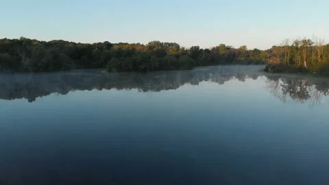 Aerial view, drone flying over water, mist, forest at sunrise Vídeo Stock 113443112