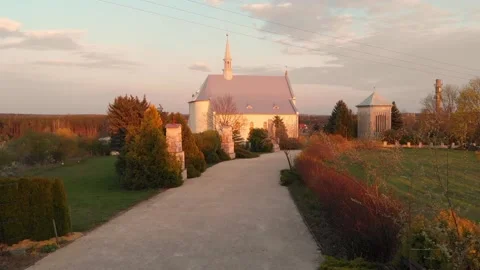 Aerial view from drone flying over Way of the Cross on a hill near church. Stock Footage 148653669