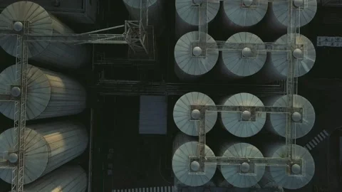 Aerial view of a drone flying over the beer production plant, several rows of Stock Footage 155398656