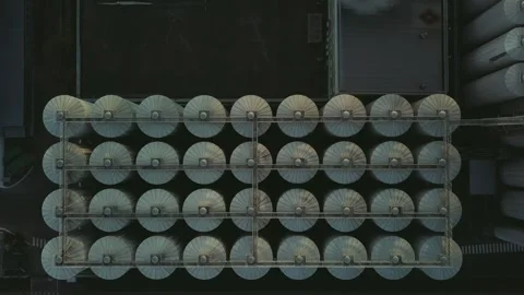 Aerial view of a drone flying over the beer production plant, several rows of Stock Footage 159658428