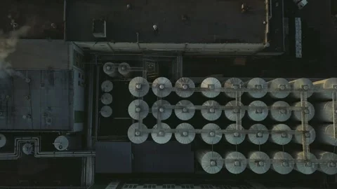 Aerial view of a drone flying over the beer production plant, several rows of Stock Footage 161230253