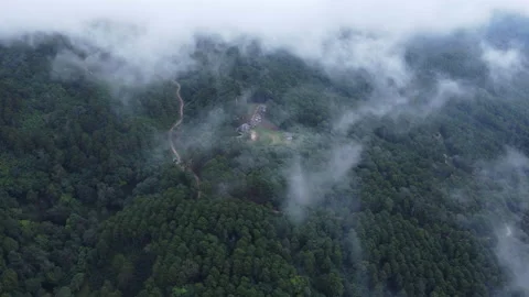 Aerial view from a drone flying over a foggy rural village in winter. 動画素材 222464108