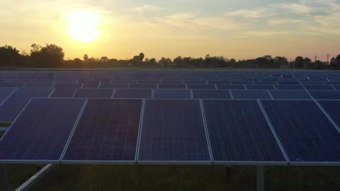 Aerial view from drone flying right to left side of solar panels stand  스톡 동영상 224817467