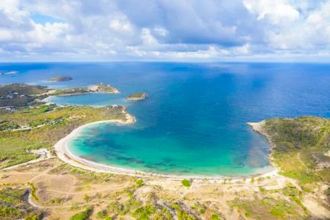 Aerial view by drone of Half Moon Bay washed by Caribbean Sea, Antigua, Leeward Stock Photos