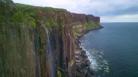 Aerial view drone Isle of Skye in Scotland. Coastal sea cliffs. Scottish travel  Видео 256361233