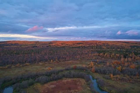 Aerial view with a drone. Landscape with autumn forest and river Stock-Fotos