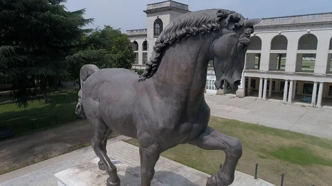 Aerial view with drone - Leonardo Da Vinci horse statue at Ippodromo San Siro Stock Footage 101826331