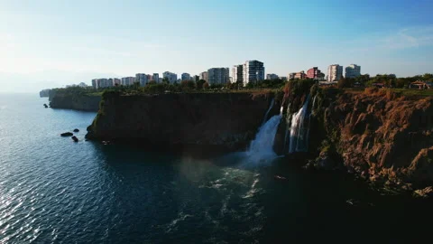 Aerial view from drone on Lower Duden waterfall in Antalya Stock Footage 174690438