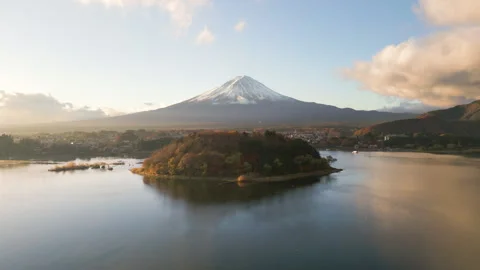 Aerial view drone of mount fuji senn from kawaguchi lake Stock Footage 311938529