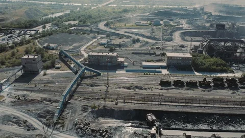 Aerial view; drone moving around production site of steel plant Stock Footage 112330040