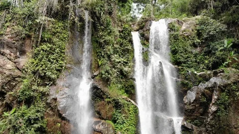 Aerial View From A Drone moving down the Mok Fa Waterfall, Chiang Mai, Thailand Stock Footage 100576363