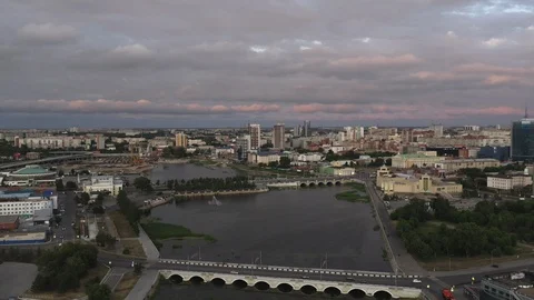 Aerial view; drone moving forward over the city center Stock Footage 112044414