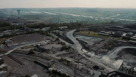 Aerial view; drone moving forward over the steel plant site Stock Footage 112333415