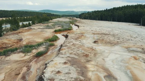Aerial view; drone moving forward over polluted river Video stock 112781723