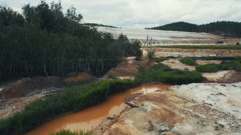 Aerial view; drone moving forward over polluted river Stock Footage 112783355