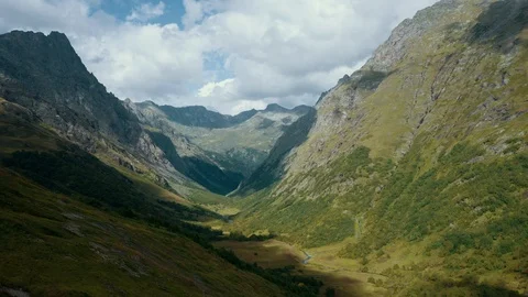 Aerial view; drone moving on mountain river valley Stock Footage 119005273