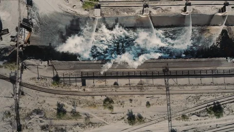 Aerial view; drone moving over the production sity of steel plant Stock Footage 112332034