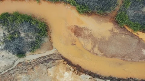 Aerial view; drone moving over the very polluted river, Karabash Video stock 112785975