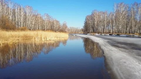 Aerial view; drone moving over the river Miass in Russia Video stock 114314516