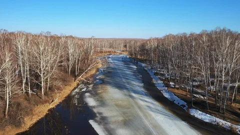 Aerial view; drone moving over the river Miass in Russia Video stock 114315196