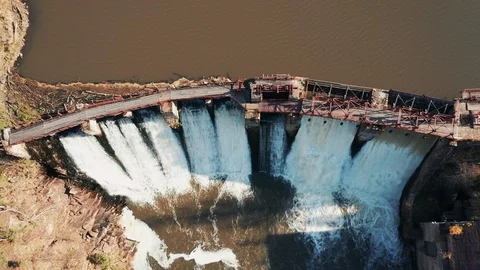 Aerial view; drone moving over old water reservoir Stock Footage 117863416