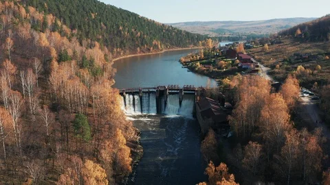 Aerial view; drone moving over old water reservoir Stock Footage 117864513
