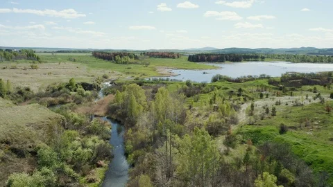 Aerial view; drone moving toward water reservuor Stock Footage 109331445