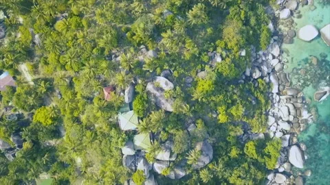 Aerial view from drone over the ocean and rocks at the beach, Kho Tao island Tha Stock Footage 148333317