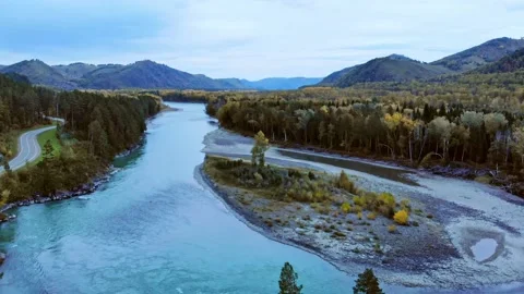 Aerial view of the drone on the road, forest, mountains river. Altay. Russia Video stock 140252541