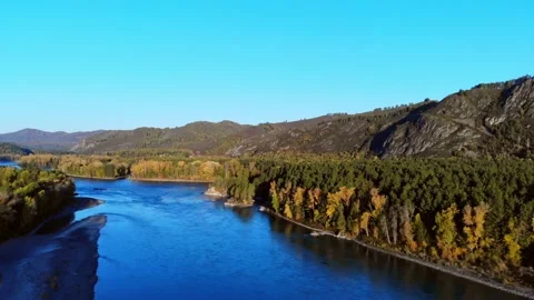 Aerial view of the drone on the road, forest, mountains river. Altay. Russia Video stock 140253701