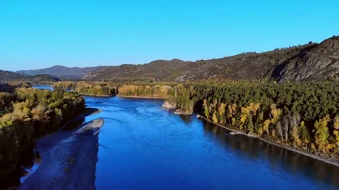 Aerial view of the drone on the road, forest, mountains river. Altay. Russia Video stock 140254682