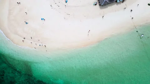 Aerial view of drone, Scene of Beautiful nature Top view of White beach sand in  Stockbeeldmateriaal 143753689