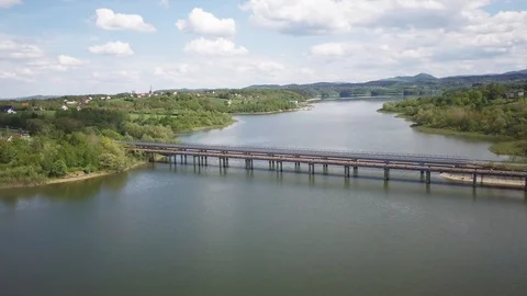 Aerial view Drone shot of Bridge. Lake Dobczyce Stock Footage 121343337