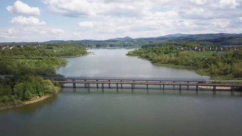Aerial view Drone shot of Bridge. Lake Dobczyce Видео 121343340