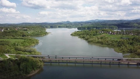 Aerial view Drone shot of Bridge. Lake Dobczyce Stock Footage 121343344