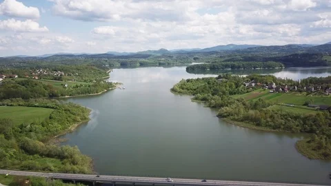 Aerial view Drone shot of Bridge. Lake Dobczyce Stock-Footage 121343349