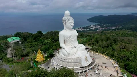 Aerial View drone shot of White Marble Big Buddha Statue on the high mountain Stock Footage 223523219