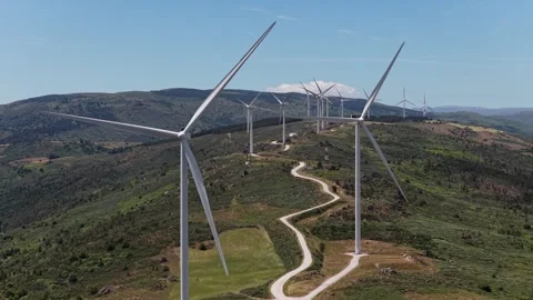 Aerial View Drone Shot of Wind Turbines Generating Clean Energy in Portuguese Stock Footage 342076992