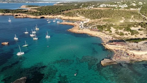 Aerial view from drone of a stunning beach in Ibiza Cala Comte beach Baleares Stock Footage 201197829