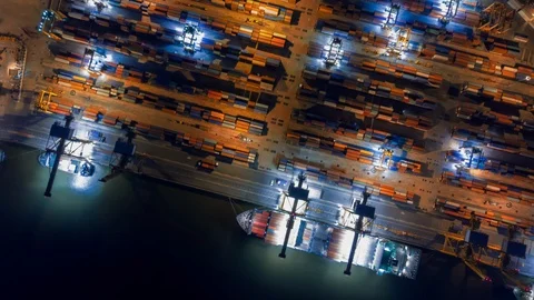 Aerial view drone time-lapse or hyper-lapse over industrial port in Bangkok. Stock Footage 109043659