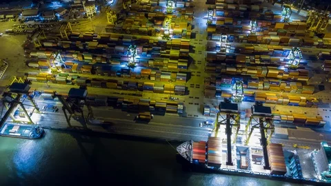 Aerial view drone time-lapse or hyper-lapse over industrial port in Bangkok. Stock Footage 109043857