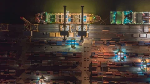 Aerial view drone time-lapse or hyper-lapse over industrial port in Bangkok. Stock Footage 110251826